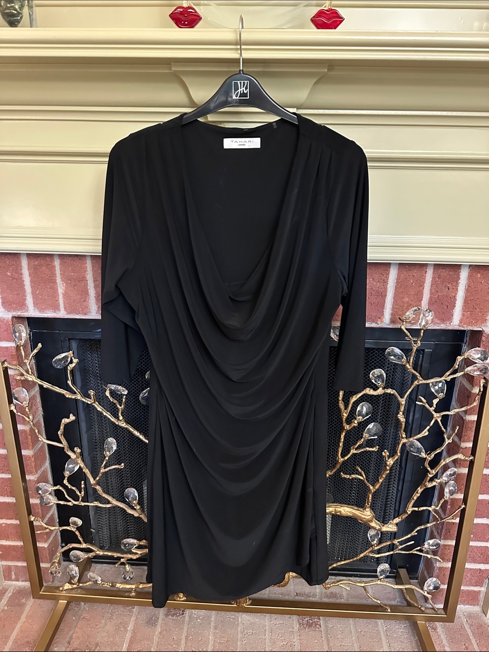 Tahari Black Draped Cowl Long Sleeve Midi Dress